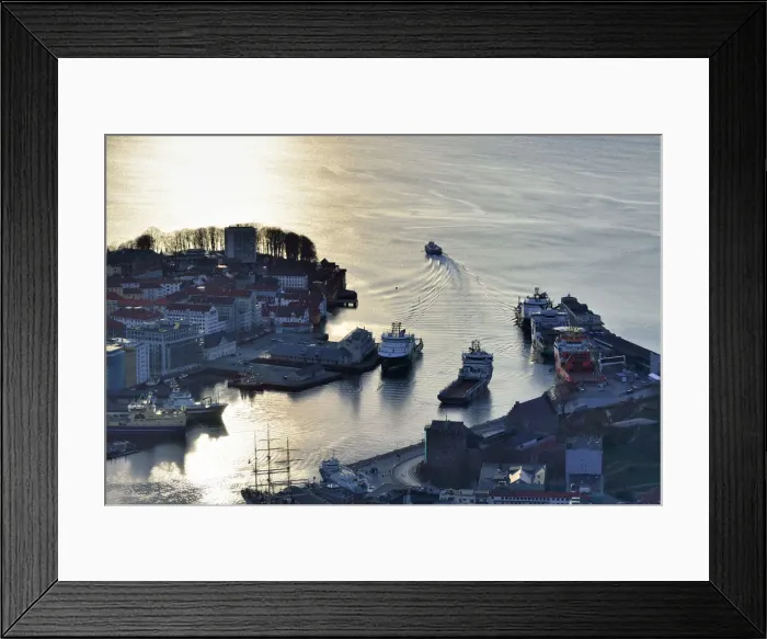 Framed Print : Elevated view over central Bergen at sunset. Hordaland, Norway Framed Print : Elevated view over central Bergen at sunset. Hordaland, Norway