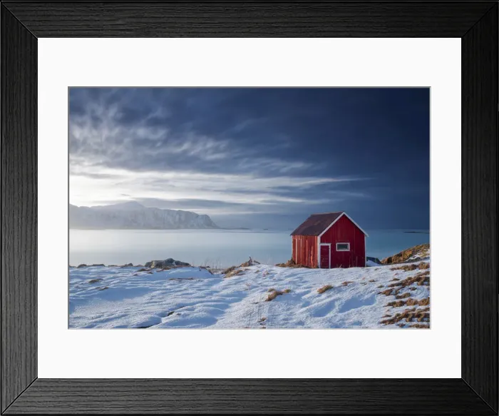 Framed Print : Red Shack in Winter, Lofoten Islands, Norway Framed Print : Red Shack in Winter, Lofoten Islands, Norway