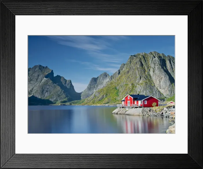 Framed Print : Red Fishing Hut Overlooking Fiord, Lofoten Islands, Norway Framed Print : Red Fishing Hut Overlooking Fiord, Lofoten Islands, Norway