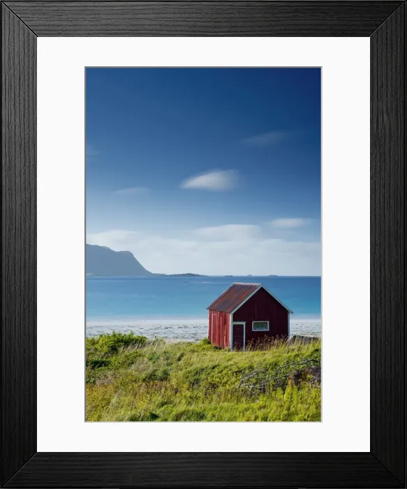 Framed Print : Red Fishing Hut on Ramberg Beach, Lofoten Islands, Norway Framed Print : Red Fishing Hut on Ramberg Beach, Lofoten Islands, Norway