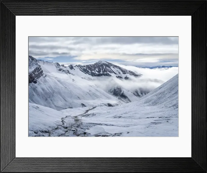 Framed Print : Trail leading through snow covered valley during winter to Rainbow Mountain, Uchullujllo Framed Print : Trail leading through snow covered valley during winter to Rainbow Mountain, Uchullujllo