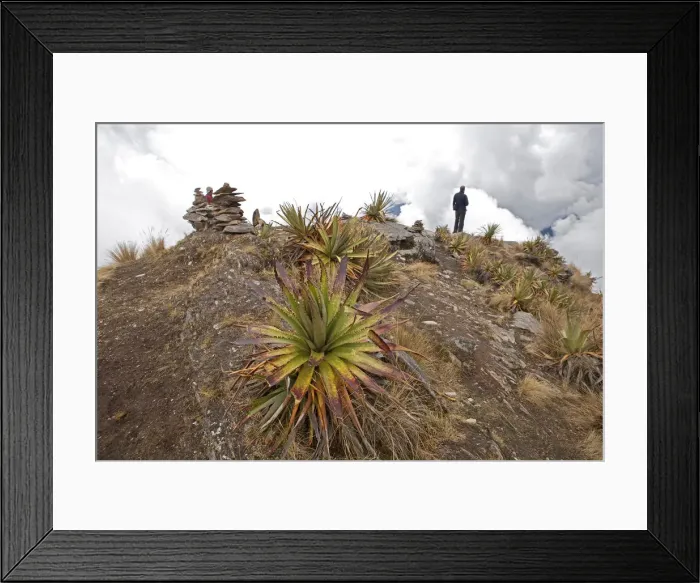 Framed Print : South America, Peru, Cusco. A hiker at the top of the Yanama pass on the trail to