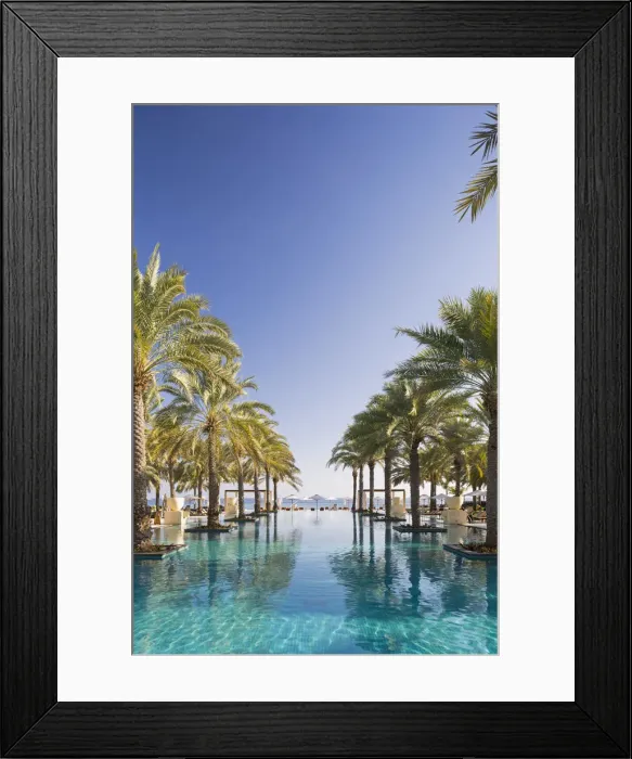 Framed Print : Oman. Muscat Governorate, Muscat. The 50 metre infinity pool at the Ritz Carlton Al Framed Print : Oman. Muscat Governorate, Muscat. The 50 metre infinity pool at the Ritz Carlton Al
