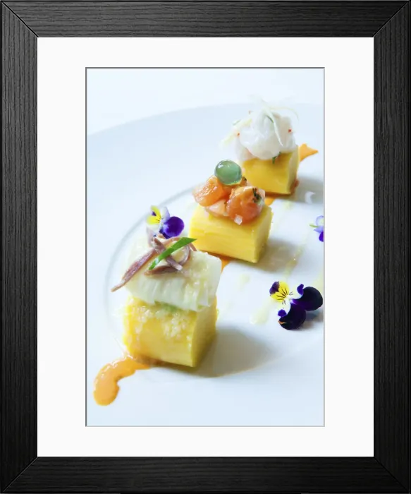 Framed Print : South America, Peru, Lima. A Causa trio with ceviche, chinguirito, salmon with dill Framed Print : South America, Peru, Lima. A Causa trio with ceviche, chinguirito, salmon with dill