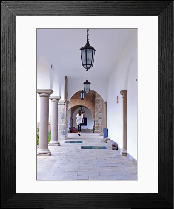 Framed Print : South America, Peru, Cusco, a model walks along a cloister corridor in the Orient-Express Framed Print : South America, Peru, Cusco, a model walks along a cloister corridor in the Orient-Express