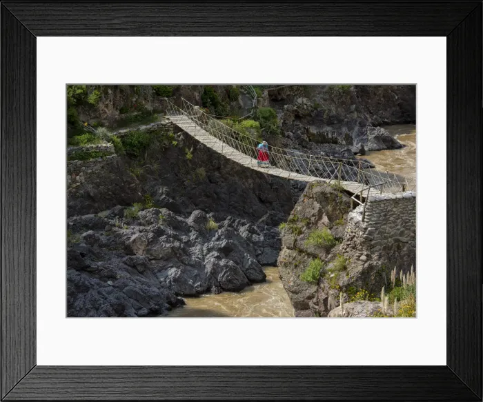 Framed Print : South America, Peru, Colca Canyon, native woman walking over inca bridge Framed Print : South America, Peru, Colca Canyon, native woman walking over inca bridge