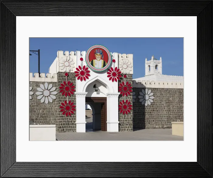 Framed Print : Al Alam Palace decorated with flowers and a picture of Sultan Qaboos, Muscat, Oman
