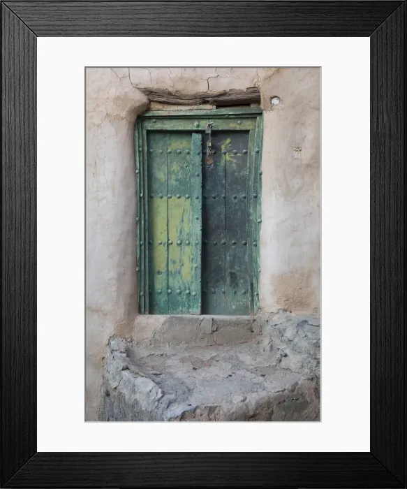 Framed Print : Oman, Ad Dakhiliyah region, Al Hamra, Misfat Al Abreen, Old green, wooden door in Framed Print : Oman, Ad Dakhiliyah region, Al Hamra, Misfat Al Abreen, Old green, wooden door in