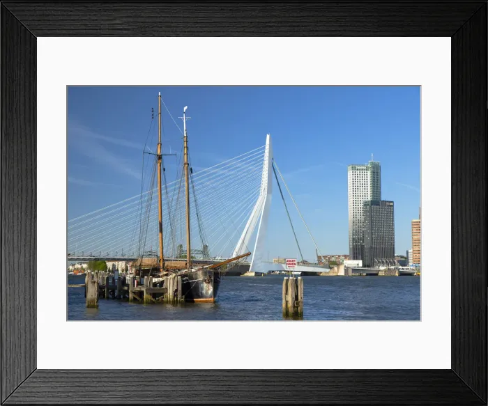 Framed Print : Erasmus Bridge (Erasmusbrug) and Boat Catherina, Rotterdam, Zuid Holland, Netherlands