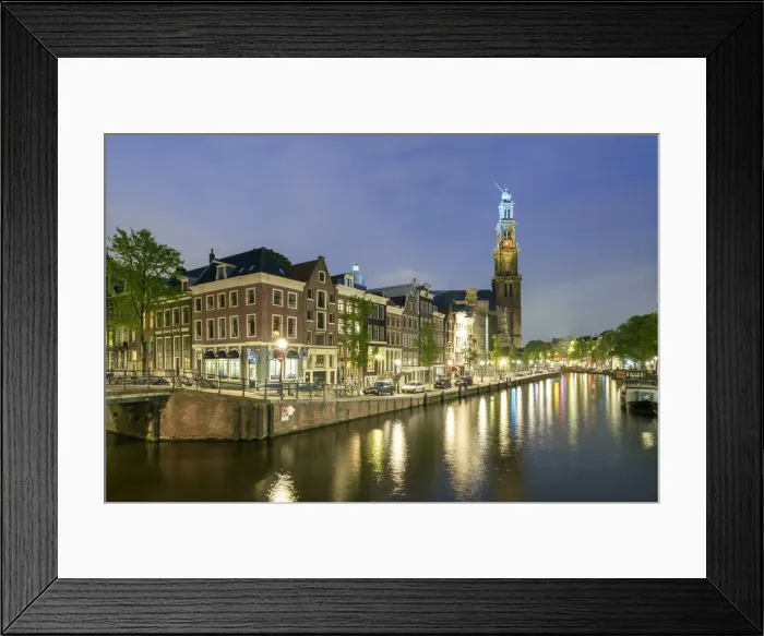 Framed Print : Intersection of Prinsengracht and Leidsegracht canals and tower of Westerkerk church Framed Print : Intersection of Prinsengracht and Leidsegracht canals and tower of Westerkerk church