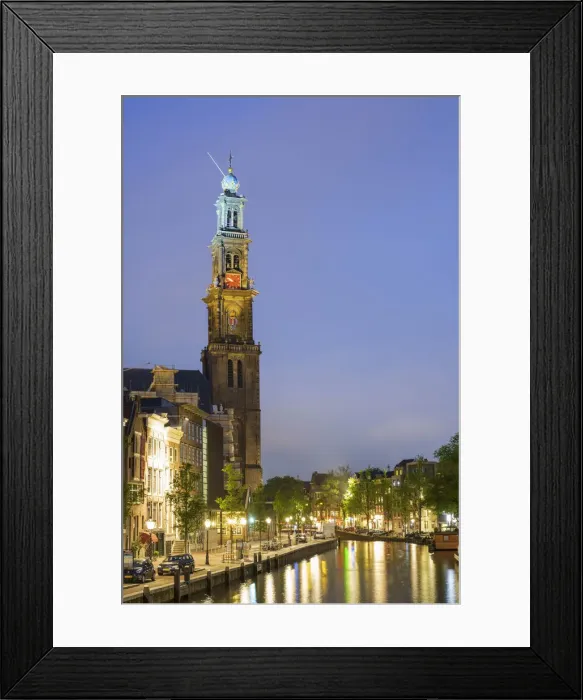 Framed Print : Tower of the Westerkerk church on the Prinsengracht canal at dusk, Amsterdam, North Framed Print : Tower of the Westerkerk church on the Prinsengracht canal at dusk, Amsterdam, North