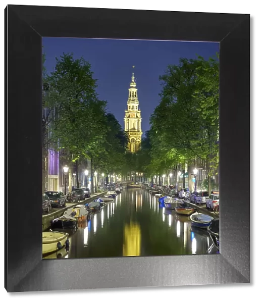 Tower of Zuiderkerk church from Groenburgwal at night, Amsterdam, North Holland