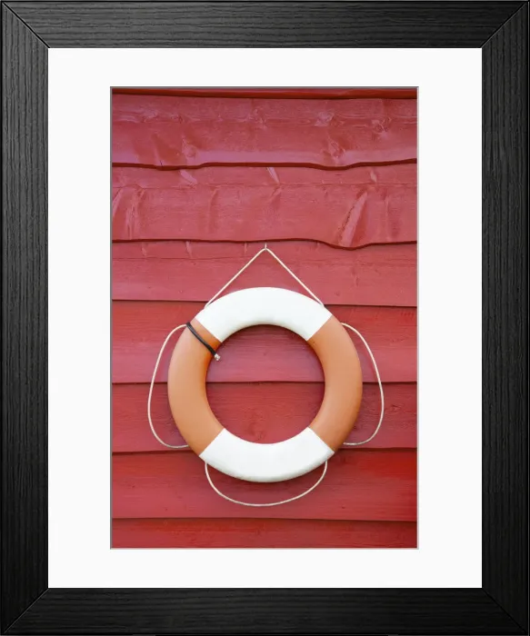 Framed Print : Norway, life belt hanging from traditional wooden shed Framed Print : Norway, life belt hanging from traditional wooden shed