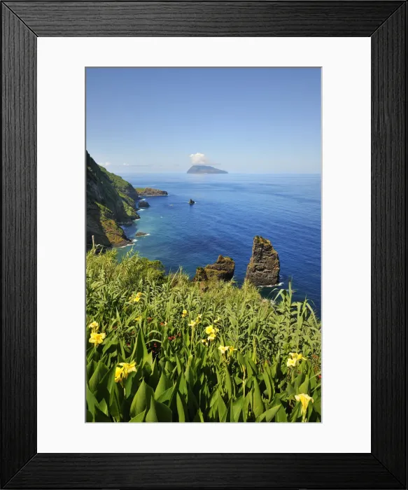 Framed Print : Coastline and the Corvo island on the horizon. Flores, Azores islands, Portugal Framed Print : Coastline and the Corvo island on the horizon. Flores, Azores islands, Portugal