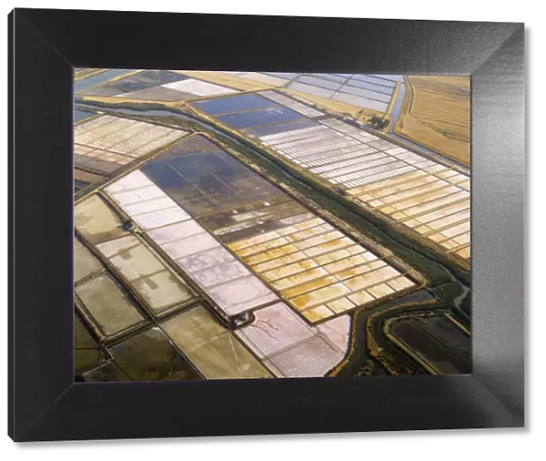 Aerial view of salt pans in the Alcochete and Tagus river region, Portugal