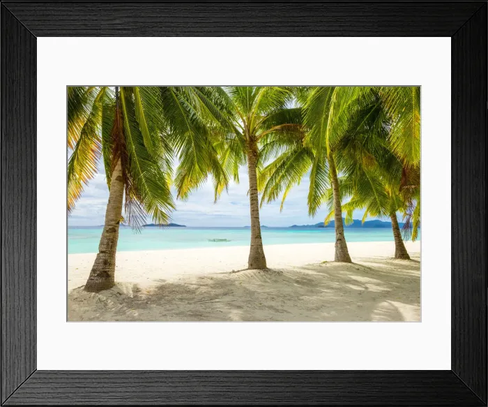Framed Print : Palm trees and blue water on the white sand beach of Malcapuya Island, Culion, Palawan Framed Print : Palm trees and blue water on the white sand beach of Malcapuya Island, Culion, Palawan