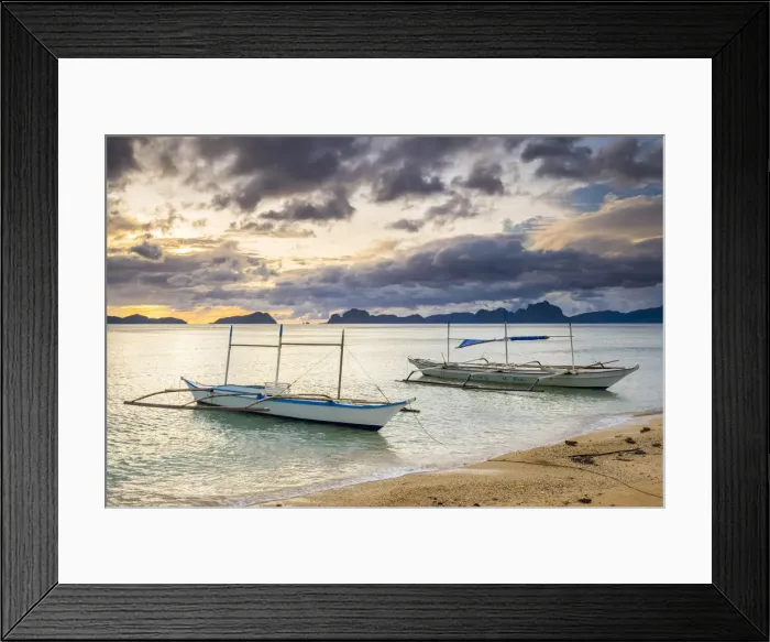 Framed Print : Outrigger boats at sunset on Dolarog Beach, El Nido, Palawan, Philippines Framed Print : Outrigger boats at sunset on Dolarog Beach, El Nido, Palawan, Philippines