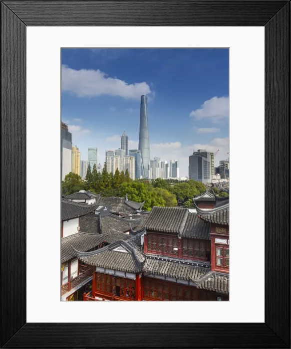 Framed Print : YuYuan Gardens and Bazaar with the Shanghai Tower behind, Old Town, Shanghai, China Framed Print : YuYuan Gardens and Bazaar with the Shanghai Tower behind, Old Town, Shanghai, China