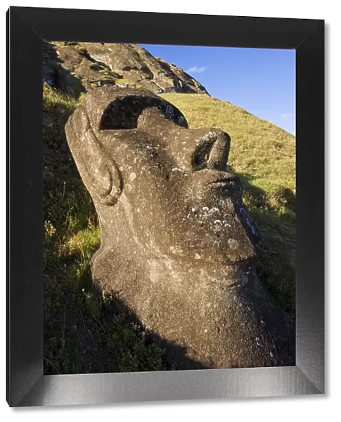Chile, Rapa Nui, Easter Island, giant monolithic stone Maoi statue at Rano Raraku