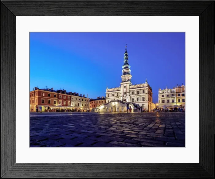 Framed Print : Poland, Lublin Voivodeship, Zamosc, Old Town, Market Square and City Hall at twilight Framed Print : Poland, Lublin Voivodeship, Zamosc, Old Town, Market Square and City Hall at twilight