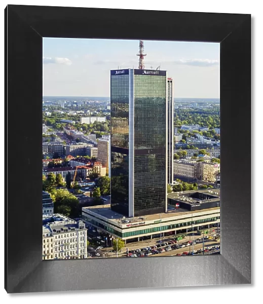 Poland, Masovian Voivodeship, Warsaw, City Center, Elevated view towards Centrum LIM