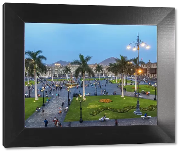 Plaza de Armas at twilight, elevated view, Lima, Peru