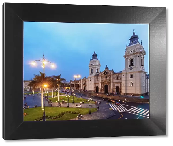 Cathedral and Plaza de Armas at twilight, elevated view, Lima, Peru
