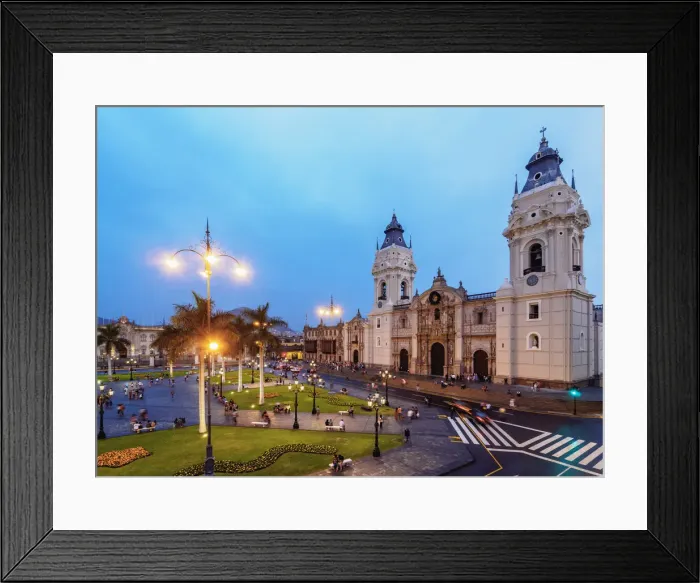 Framed Print : Cathedral and Plaza de Armas at twilight, elevated view, Lima, Peru Framed Print : Cathedral and Plaza de Armas at twilight, elevated view, Lima, Peru
