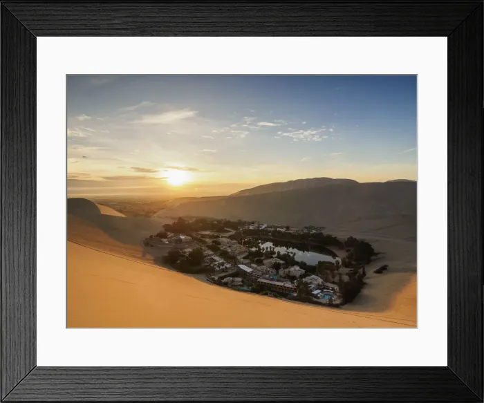 Framed Print : Huacachina Oasis at sunrise, elevated view, Ica Region, Peru Framed Print : Huacachina Oasis at sunrise, elevated view, Ica Region, Peru