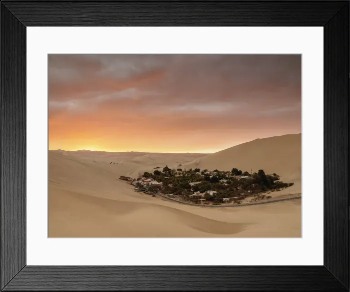Framed Print : Huacachina Oasis at sunset, elevated view, Ica Region, Peru Framed Print : Huacachina Oasis at sunset, elevated view, Ica Region, Peru