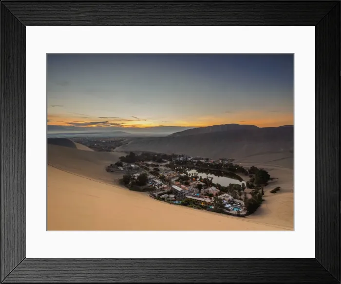 Framed Print : Huacachina Oasis at sunrise, elevated view, Ica Region, Peru Framed Print : Huacachina Oasis at sunrise, elevated view, Ica Region, Peru
