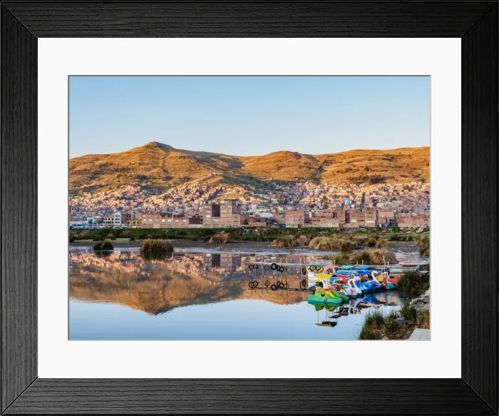 Framed Print : Lake Titicaca and Cityscape of Puno at sunrise, Peru