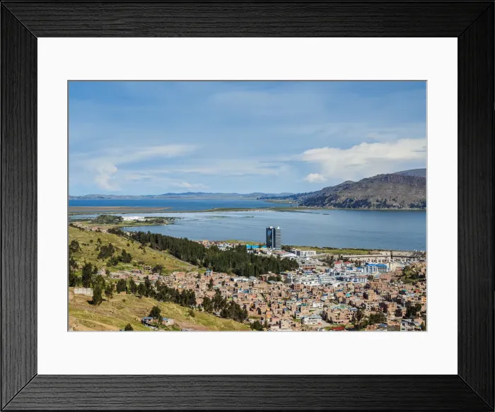 Framed Print : Cityscape of Puno and Lake Titicaca, elevated view, Puno Region, Peru Framed Print : Cityscape of Puno and Lake Titicaca, elevated view, Puno Region, Peru