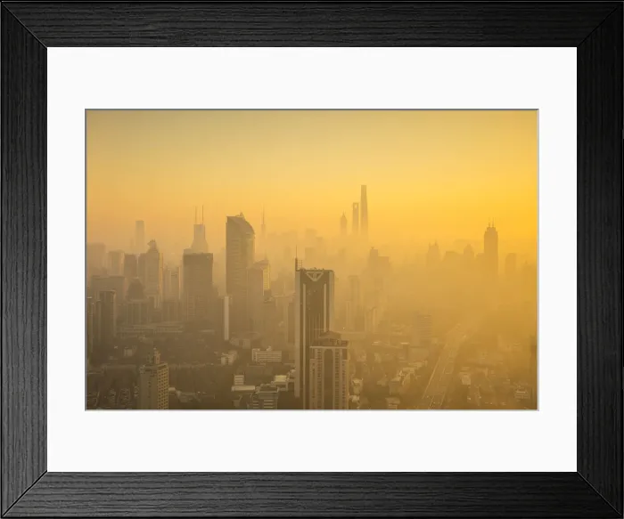 Framed Print : Skyline of Shanghai from Jing An on a foggy November morning, China Framed Print : Skyline of Shanghai from Jing An on a foggy November morning, China