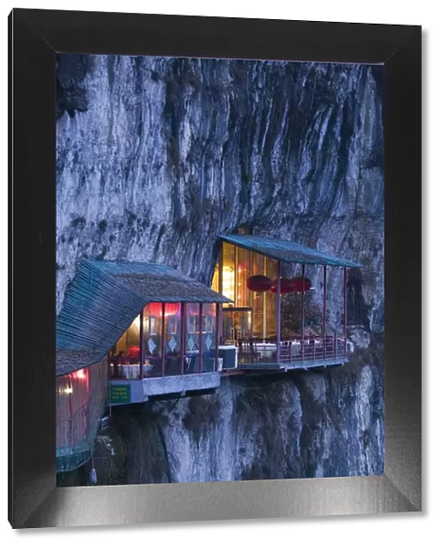 China, Hubei Province, Yichang, Hanging Restaurant by 3 Travelers Cave Park near Yangtze