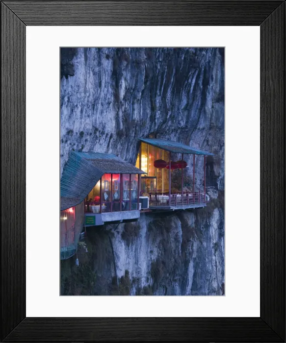 Framed Print : China, Hubei Province, Yichang, Hanging Restaurant by 3 Travelers Cave Park near Yangtze Framed Print : China, Hubei Province, Yichang, Hanging Restaurant by 3 Travelers Cave Park near Yangtze