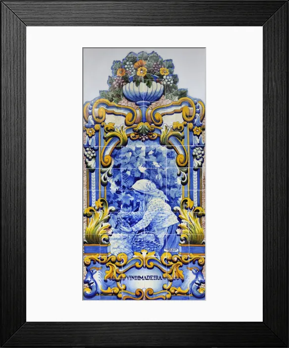 Framed Print : Traditional blue tiles (Azulejos) showing the work related with the Port Wine