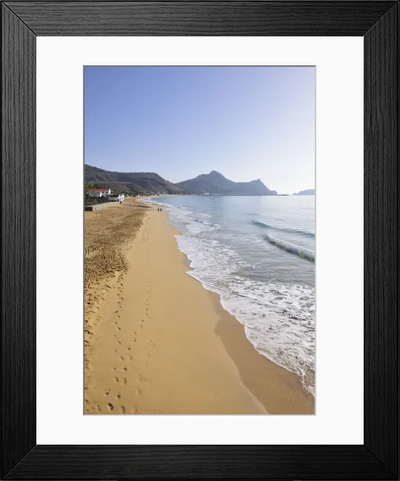 Framed Print : The beautiful golden sandy beach of Porto Santo island, 9 km long. Madeira, Portugal