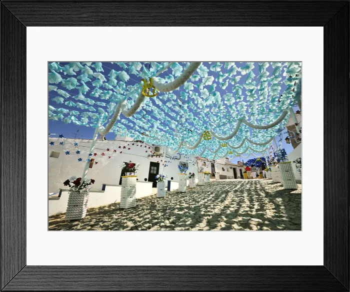 Framed Print : Streets decorated with paper flowers. People festivities (Festas do Povo). Campo Maior