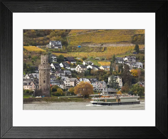 Framed Print : Germany, Rheinland-Pfalz, Oberwesel, town wall watch tower by the Rhein River, autumn Framed Print : Germany, Rheinland-Pfalz, Oberwesel, town wall watch tower by the Rhein River, autumn