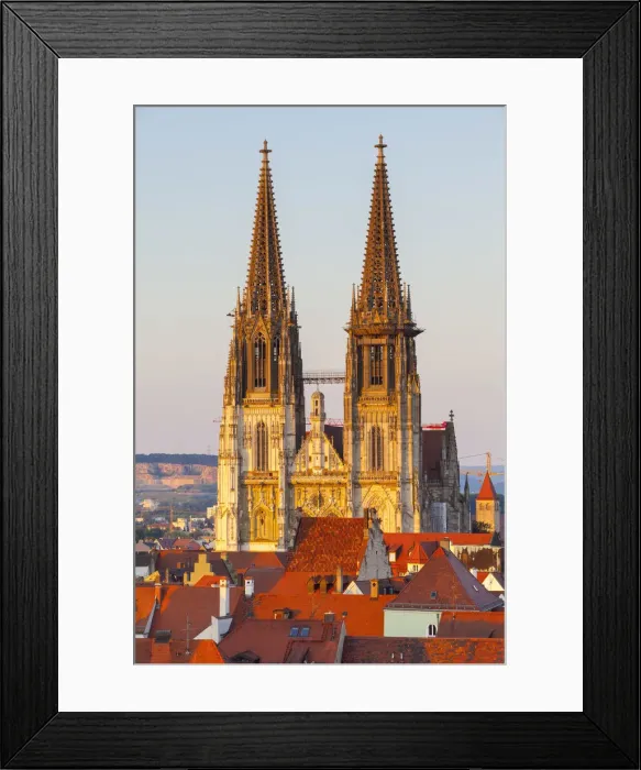 Framed Print : Elevated view towards St. Peters Cathedral illuminated at sunset, Regensburg
