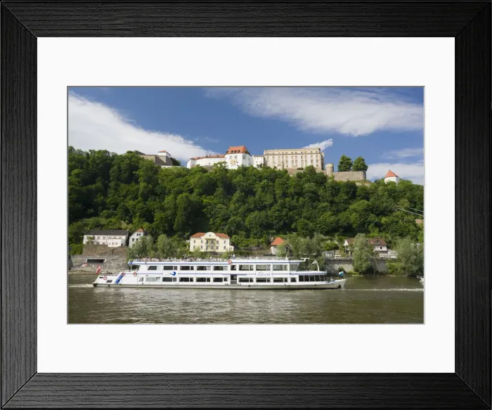 Framed Print : Germany, Bayern / Bavaria, Passau, Veste Oberhaus fortress and Danube River cruise ship Framed Print : Germany, Bayern / Bavaria, Passau, Veste Oberhaus fortress and Danube River cruise ship