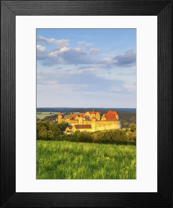 Framed Print : Elevated view towards the picture-perfect Harburg Castle illuminated at sunset, Harburg Framed Print : Elevated view towards the picture-perfect Harburg Castle illuminated at sunset, Harburg
