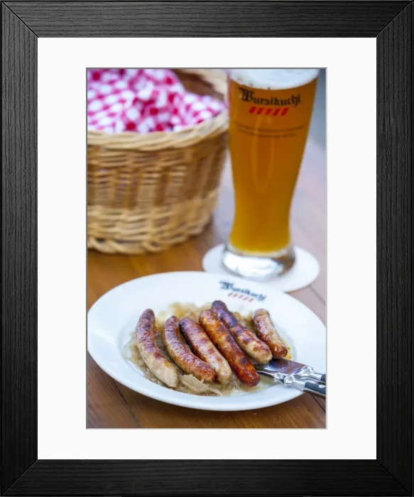 Framed Print : Pork Sausages & sauerkraut at the historic Wurstkuchl, Regensburg, Upper Palatinate Framed Print : Pork Sausages & sauerkraut at the historic Wurstkuchl, Regensburg, Upper Palatinate
