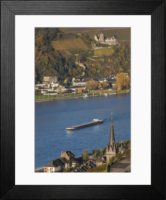 Framed Print : Germany, Rheinland-Pfalz, Bacharach, elevated view with Burg Stahleck Castle, autumn Framed Print : Germany, Rheinland-Pfalz, Bacharach, elevated view with Burg Stahleck Castle, autumn