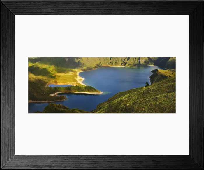 Framed Print : The big volcanic crater of Lagoa do Fogo (Fire Lagoon), a nature reserve and one of Framed Print : The big volcanic crater of Lagoa do Fogo (Fire Lagoon), a nature reserve and one of
