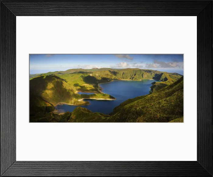 Framed Print : The big volcanic crater of Lagoa do Fogo (Fire Lagoon), a nature reserve and one of Framed Print : The big volcanic crater of Lagoa do Fogo (Fire Lagoon), a nature reserve and one of