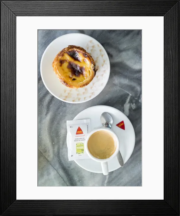 Framed Print : Europe, Portugal, Alentejo, Beja, Portuguese custard tart (pastel de nata) and coffee
