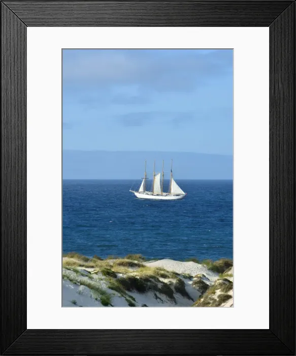Framed Print : The beach dunes in Peniche and the Tall ship Creoula, Portugal Framed Print : The beach dunes in Peniche and the Tall ship Creoula, Portugal