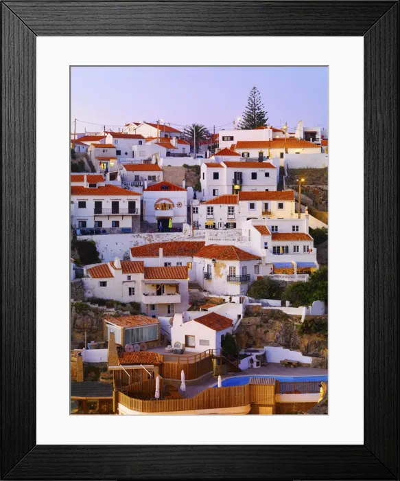 Framed Print : Portugal, Sintra, Azehas do Mar, Overview of town at dusk